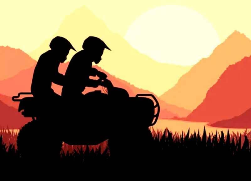 une illustration montrant deux personnes faisant du quad avec en toile de fond un coucher de soleil