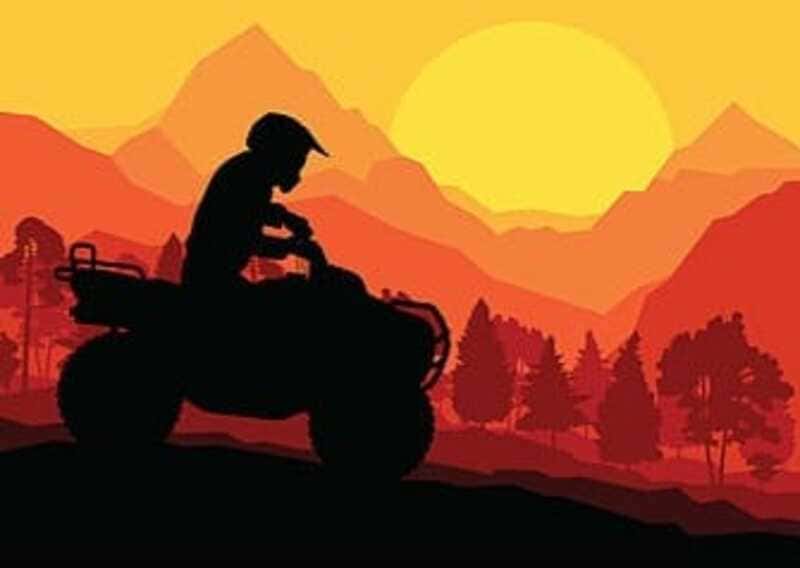 une illustration montrant une personne faisant du quad avec en toile de fond un coucher de soleil